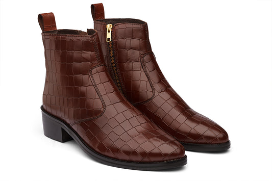 KAZAN - BROWN CROCO CUBAN HEEL BOOT