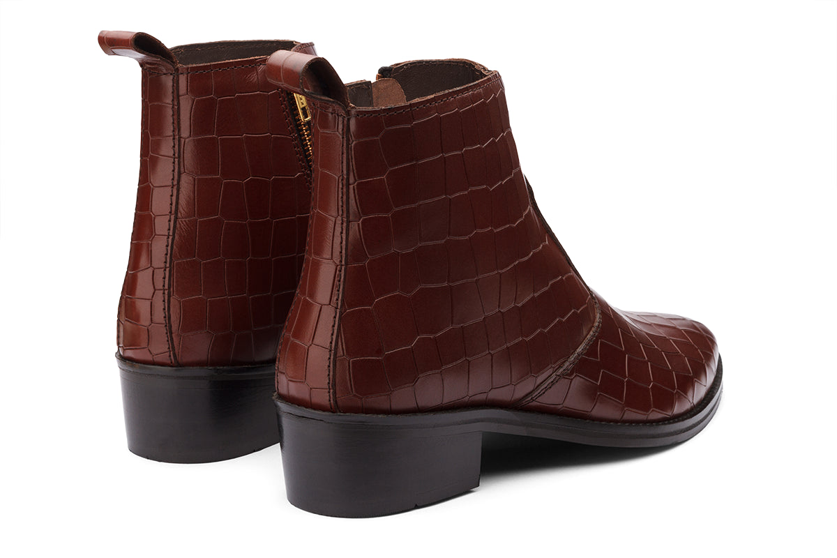KAZAN - BROWN CROCO CUBAN HEEL BOOT