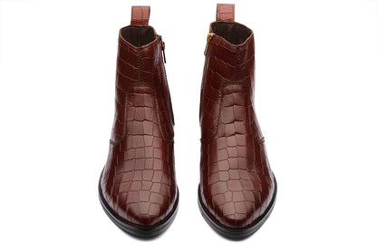 KAZAN - BROWN CROCO CUBAN HEEL BOOT