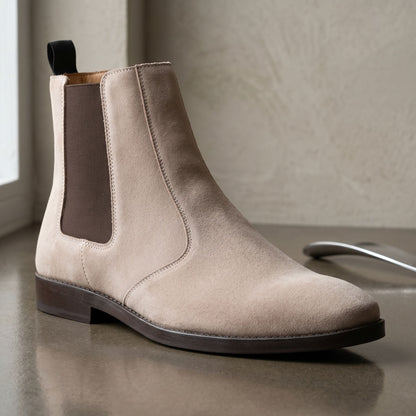 Close-up of Bolton cream suede leather Chelsea boot highlighting the micro-texture and craftsmanship of the ankle-high boot.