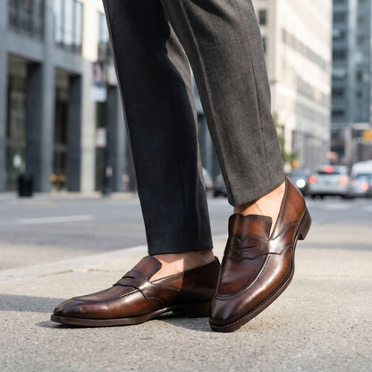 Close-up of Bristol Chestnut Brown Leather Shoes on a stylish male model in an urban setting, highlighting full grain leather and craftsmanship.